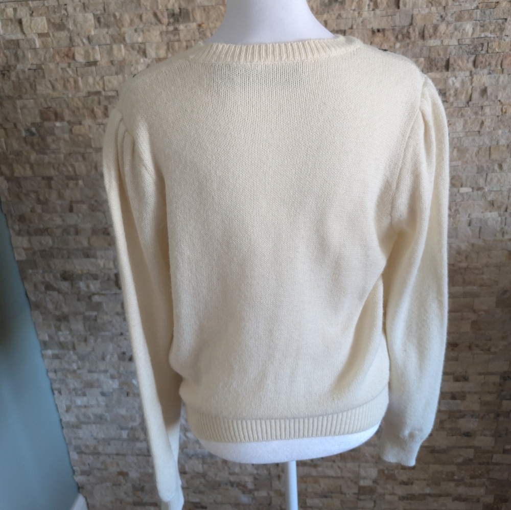 Vintage 80s Donagain Pearl Beaded Wrap Sweater Knitwear Retro Cream Black Knit L image 2